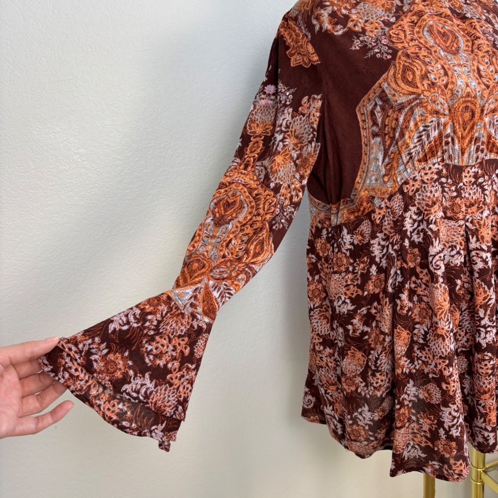 Free People Lady Luck Tunic Medium Burgundy Paisley Open Back Bell Sleeve Hippie - Picture 3 of 14